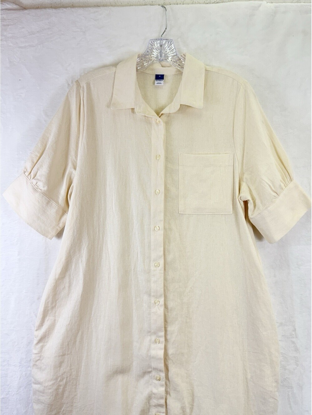 Old Navy Linen Shirt Dress Medium Ivory Shift Short Sleeve Button Front Womens